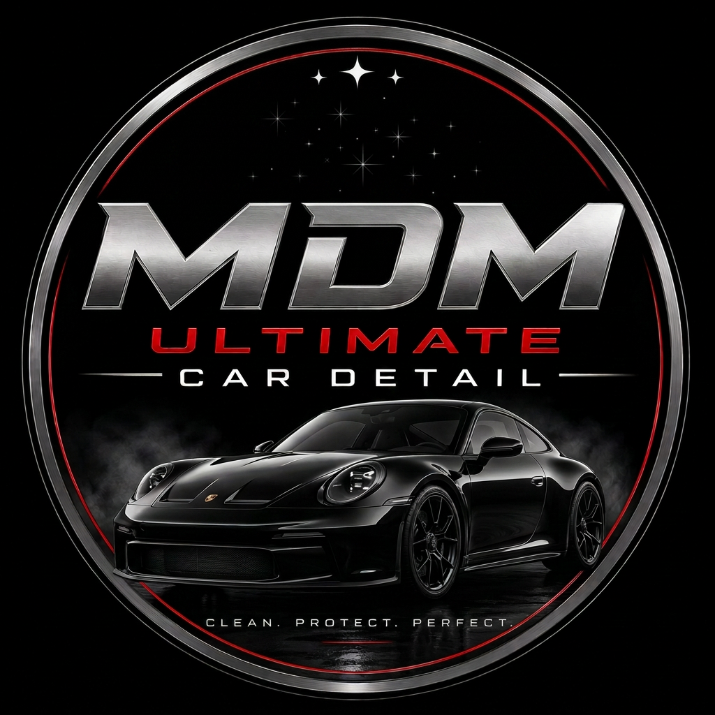 MDM Ultimate Car Detail badge logo with realistic red and black sports cars